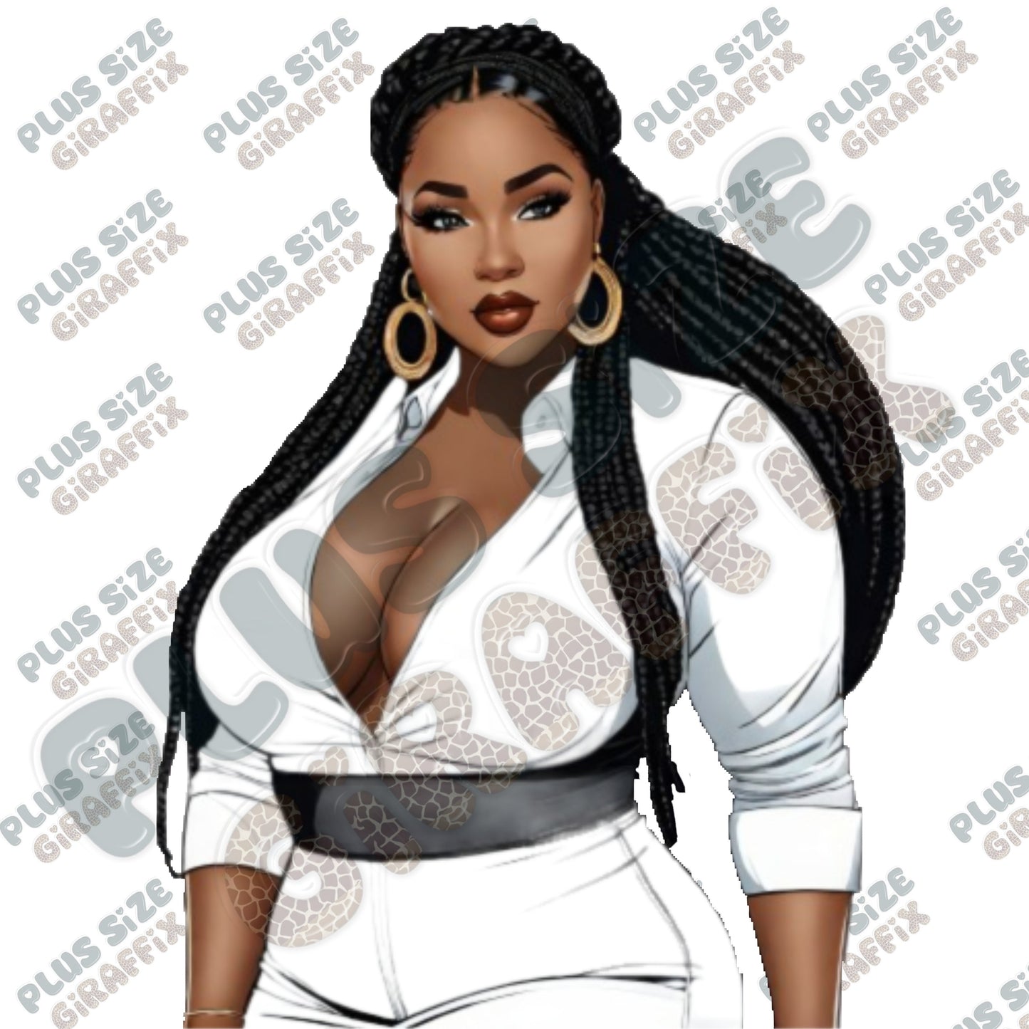 Black Girl With Braids Wearing Sexy White Shirt, Instant Download, Sexy Plus Size Wall Art Poster, Thick Woman, Curvy Woman PNG Clipart, BBW