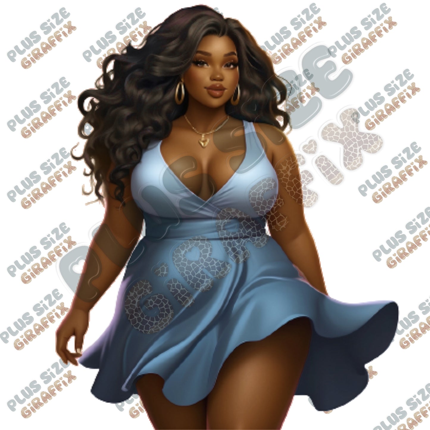 BBW Woman in Sexy Blue Dress Wall Art, Printable Art, Instant Download, Melanin Wall Art, Women Poster, Black Woman PNG, Curvy Woman Clipart