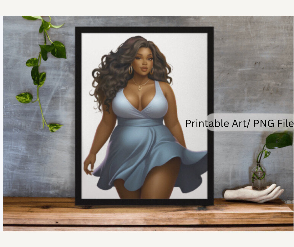 BBW Woman in Sexy Blue Dress Wall Art, Printable Art, Instant Download, Melanin Wall Art, Women Poster, Black Woman PNG, Curvy Woman Clipart