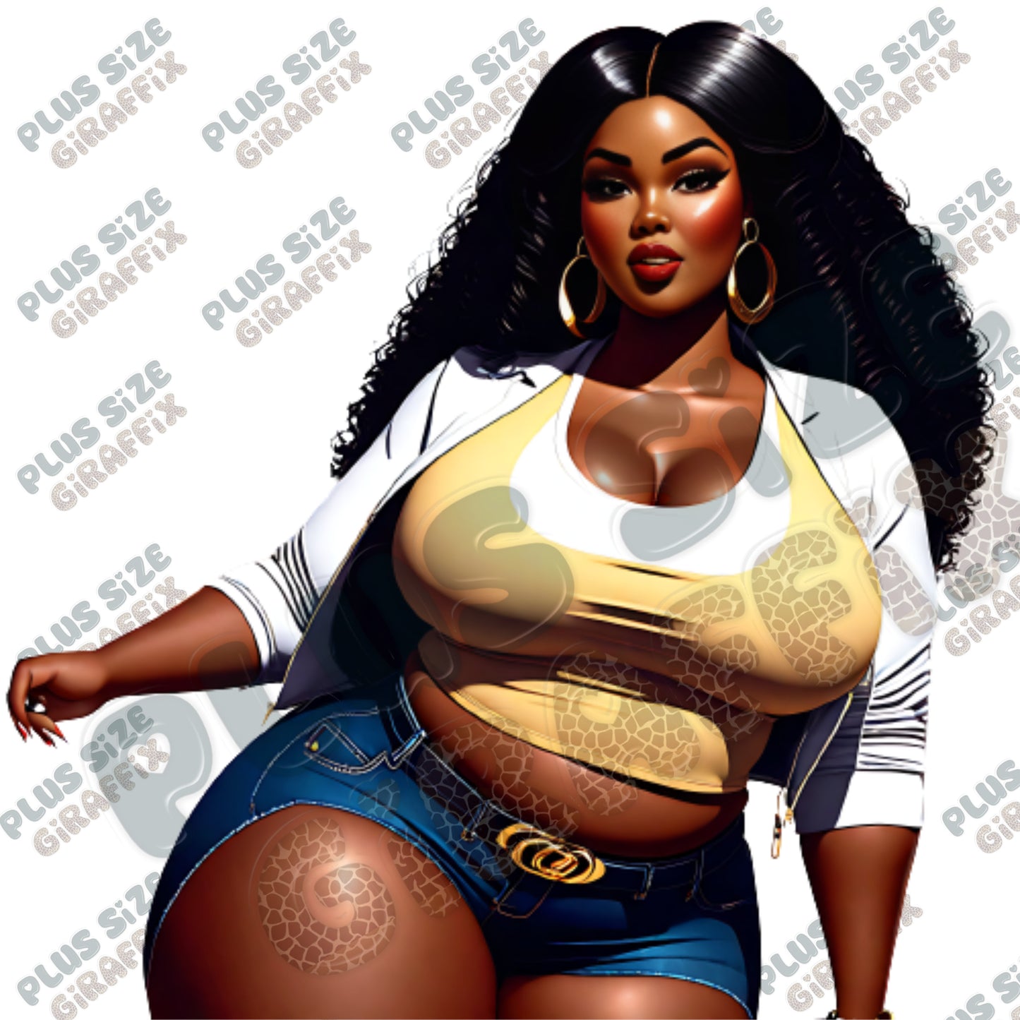 Black Woman in Yellow Top and Blue Jean Shorts, Plus Size Wall Art, Curvy Woman Clipart, Plus Size Black Girl AI Art, PNG Printable Art, BBW