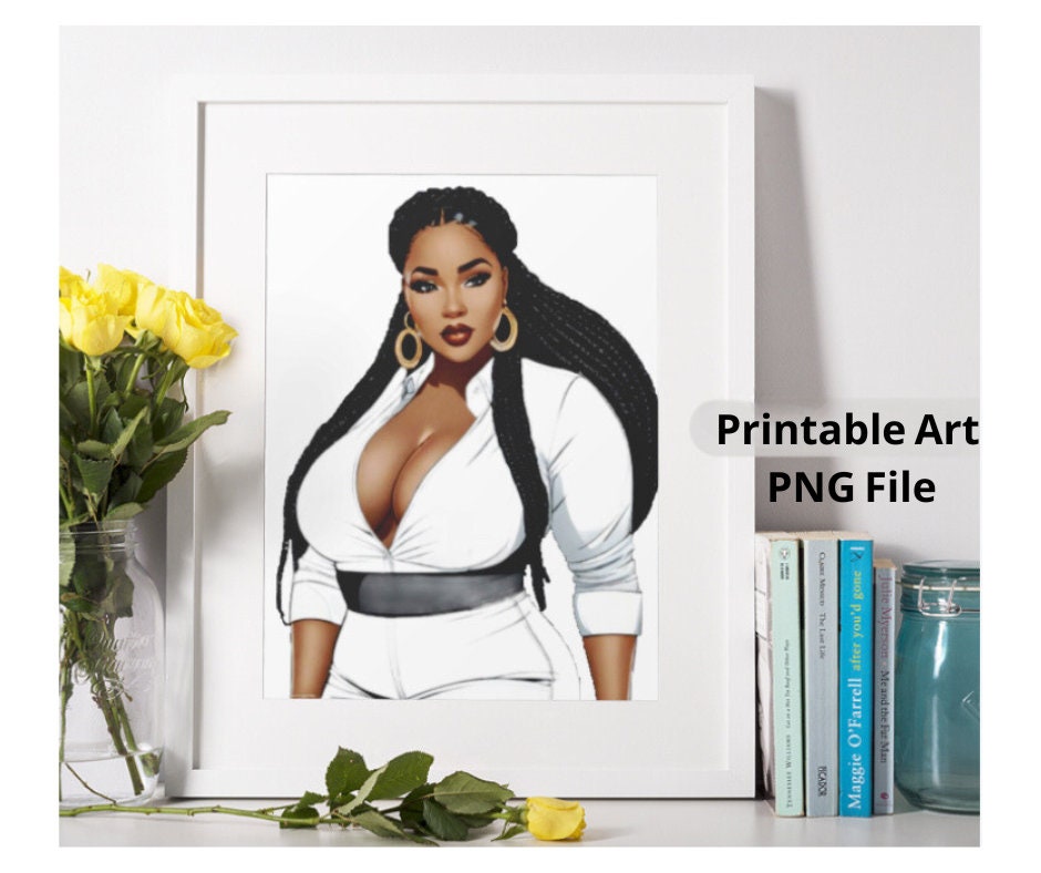 Black Girl With Braids Wearing Sexy White Shirt, Instant Download, Sexy Plus Size Wall Art Poster, Thick Woman, Curvy Woman PNG Clipart, BBW