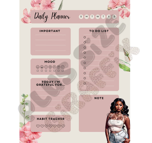 Pink Floral Printable Planner Page, Black Girl Planner, Daily Planner, To Do List, Habit Tracker, Mood Tracker, Daily Gratitude Planner