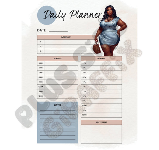 Blue Beige Printable Planner Page, Plus Size Black Girl Planner, Digital Daily Planner, To Do List, Productivity Planner, African American
