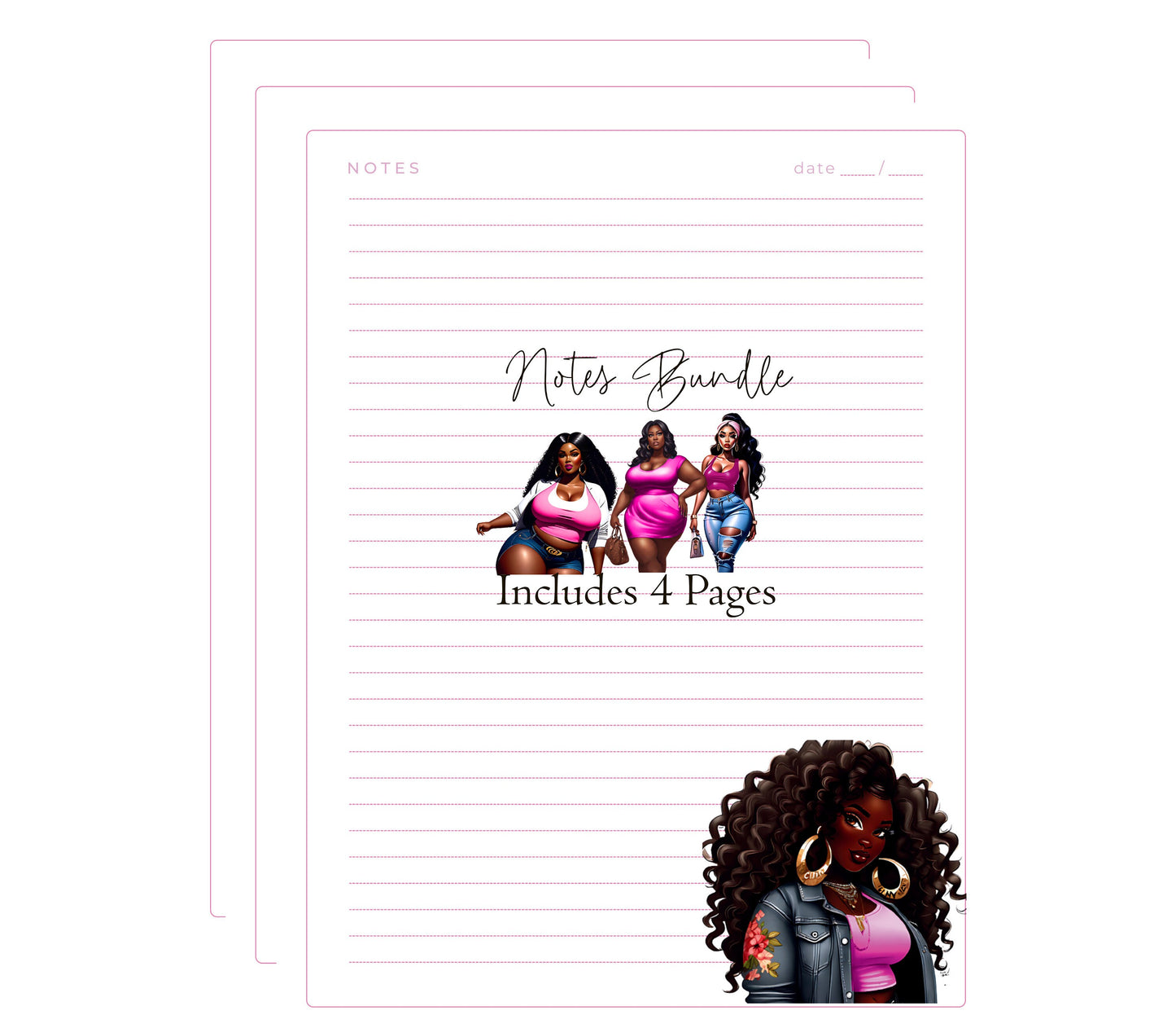 Pink Printable Notes Bundle, 4 Designs, Curvy Black Girl, Memo Pad, Digital Planner Inserts, Eco-Friendly Note Taking,  Pink Stationary