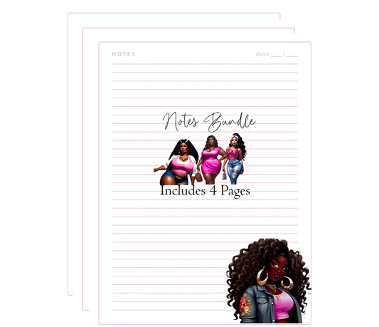 Pink Printable Notes Bundle, 4 Designs, Curvy Black Girl, Memo Pad, Digital Planner Inserts, Eco-Friendly Note Taking,  Pink Stationary
