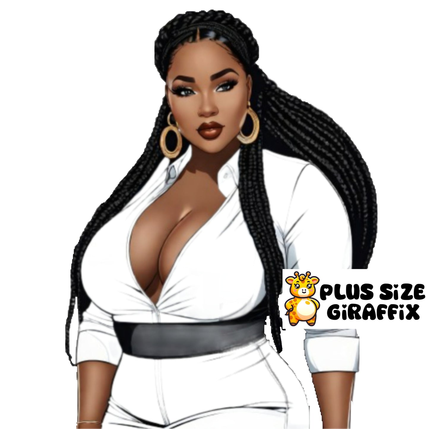 Black Girl With Braids Wearing Sexy White Shirt, Instant Download, Sexy Plus Size Wall Art Poster, Thick Woman, Curvy Woman PNG Clipart, BBW