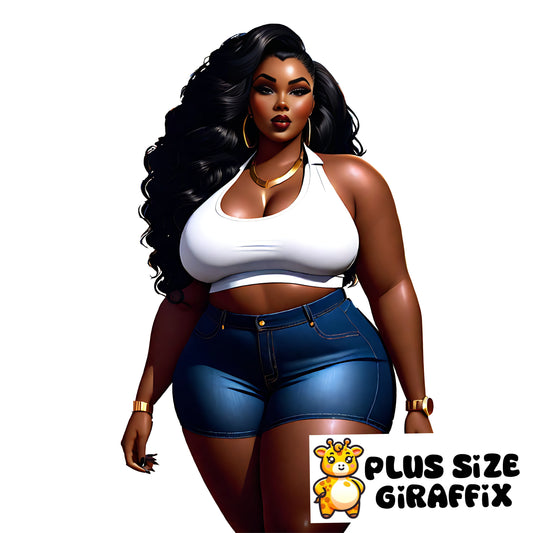 Curvy Woman SVG, Jean Shorts, Black Printable AI Art, Instant Download, Sexy Plus Size Wall Art, PNG Clipart, Cricut Print Then Cut