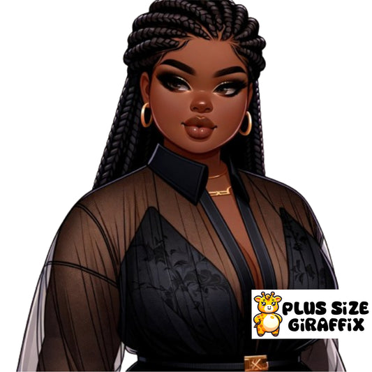 Plus Size PNG Printable Art, Chubby Black Woman with Braids Wall Decor, Plus Size Wall Art, Curvy Woman Clipart, Plus Size Black Girl AI Art