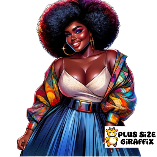 PNG Printable Art, Black Woman in Bright Colorful Outfit and Afro, BBW, Plus Size Wall Art, Curvy Woman Clipart, Plus Size Black Girl AI Art