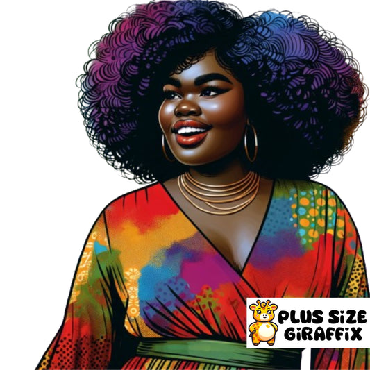 PNG Printable Art, BBW Black Woman in Bright Colorful Outfit, Afro, Plus Size Wall Art, Curvy Woman Clipart, Plus Size Black Girl AI Art