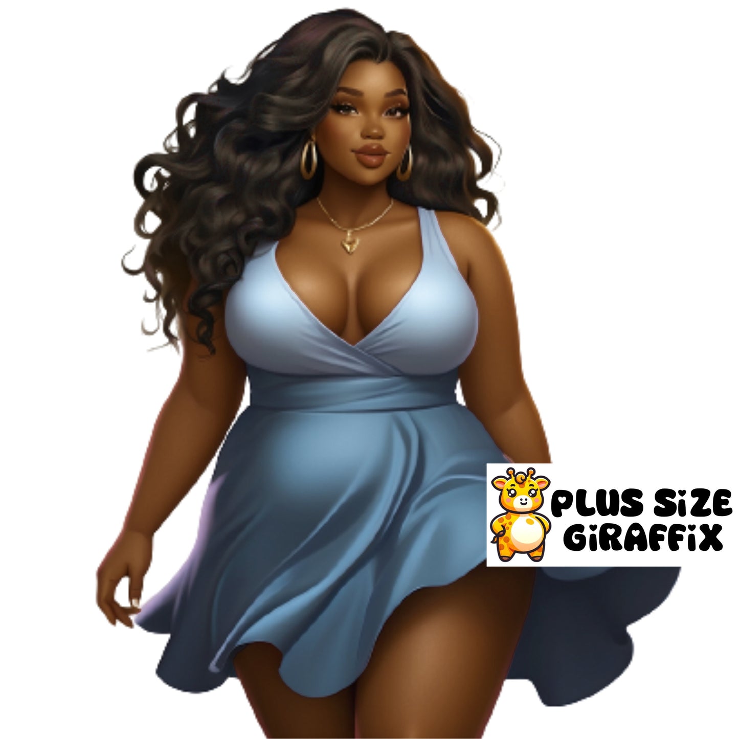 BBW Woman in Sexy Blue Dress Wall Art, Printable Art, Instant Download, Melanin Wall Art, Women Poster, Black Woman PNG, Curvy Woman Clipart