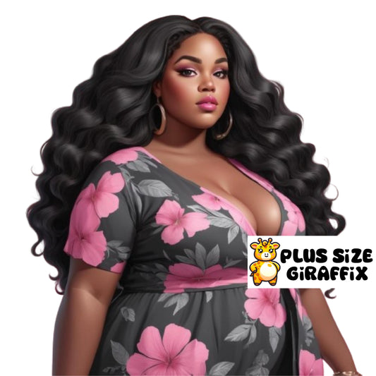 PNG Printable Sexy Chubby Art, Black Plus Size Woman Pink Wall Decor, Pink Floral Art, Curvy Woman Clipart, Plus Size Black Girl SVG PNG