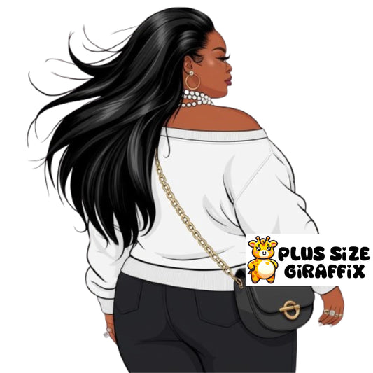 Beautiful black woman, Sexy white outfit cute purse, From the back, Instant Download poster, Sexy Plus Size Wall Art, curvy black woman png