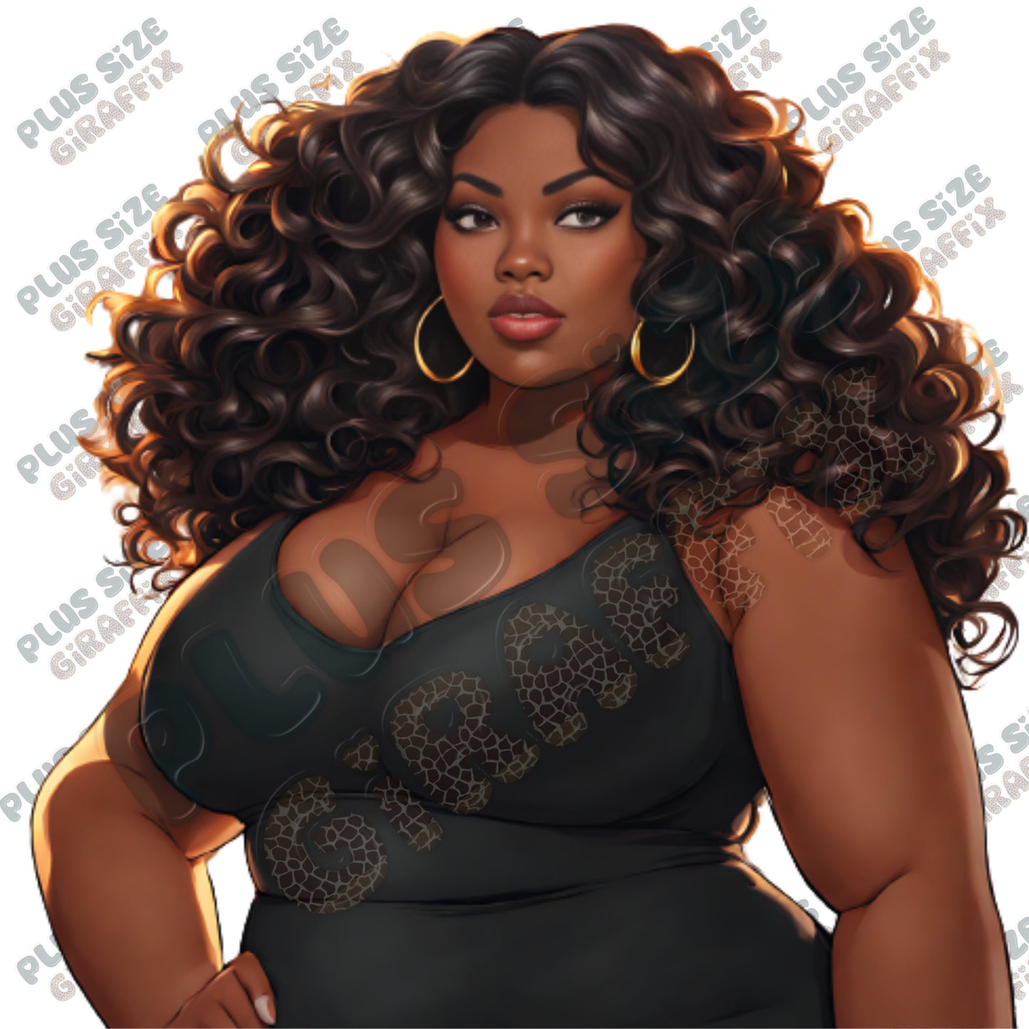 Black Woman Black Dress Illustration, Printable Art, Instant Download, PNG File, Melanin Wall Art, Curvy Woman Art, Plus Size Digital Art