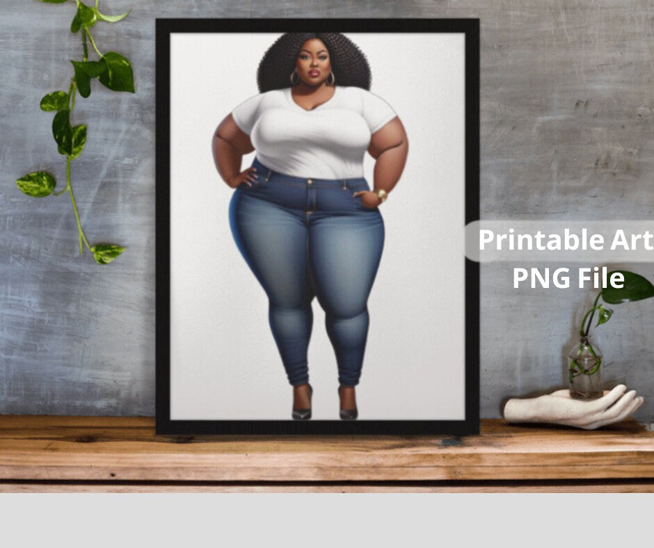 Black Printable AI Art, Instant Download, Sexy Plus Size Wall Art, Thick Woman, BBW Logo, PNG Clipart, Cricut Print Then Cut, Affordable Art