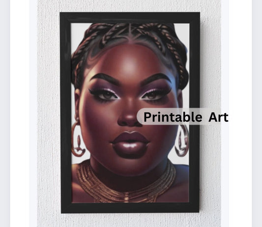 Curvy Black Woman PNG | Printable Art | Woman with Gold Hoops Clipart | Melanin Wall Art | Woman Illustration | Black Female Art | Plus Size