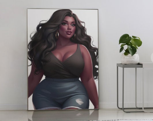 Woman Wearing Shorts Illustration, Poster, Printable Art, Instant Download, Curvy Plus Size Wall Art, Beautiful Melanin Woman, PNG File