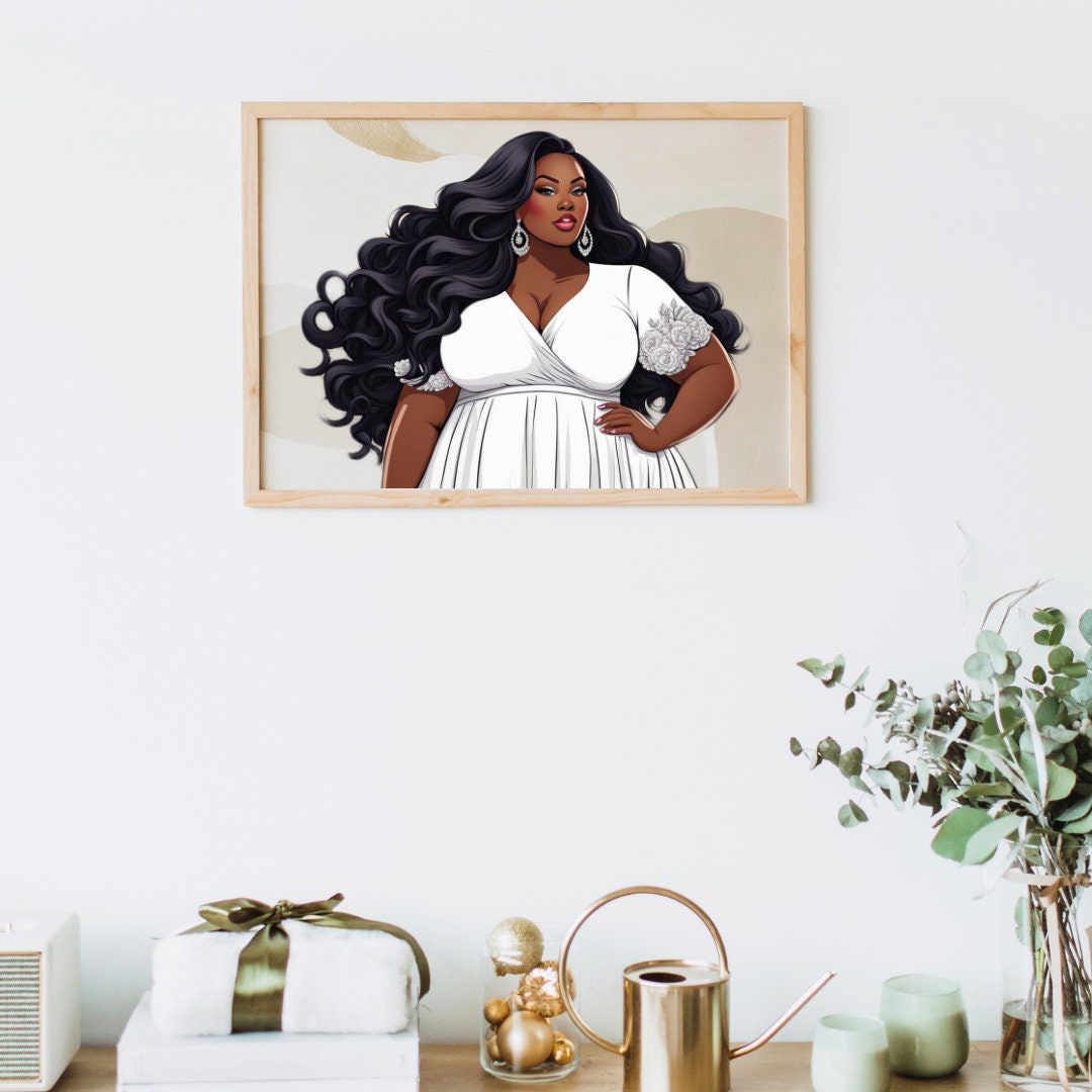 Beautiful Black Bride Digital Art, AI Art, PNG, Plus Size Wall Art, Self Love, Body Positivity, Curvy Woman Clipart, Plus Size Black Girl