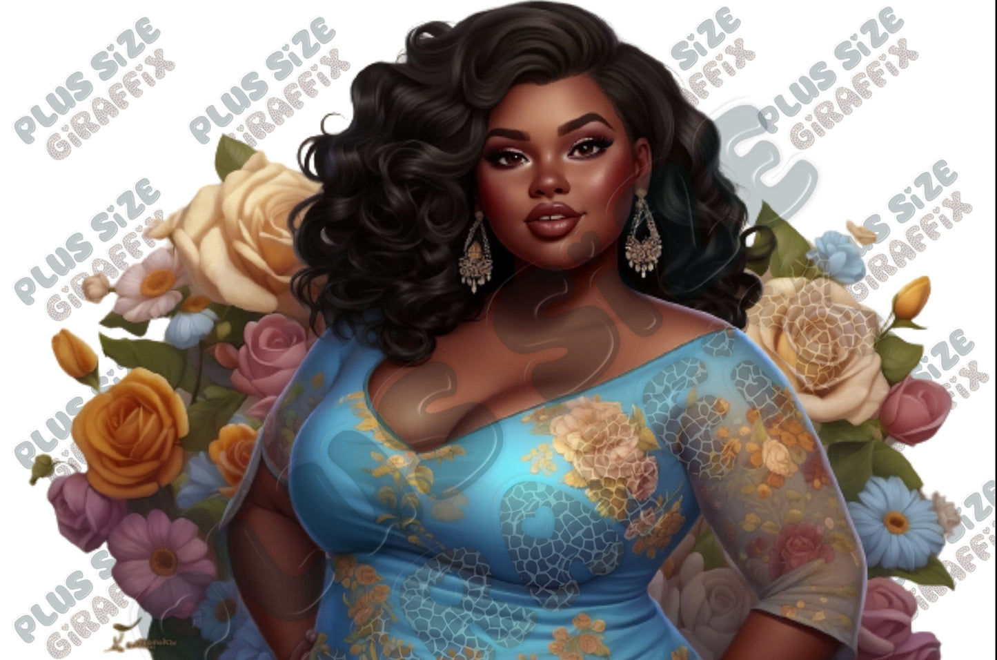 Blue and Gold Floral Dress Woman Art, Printable Art, Instant Download, Plus Size Wall Art, Beautiful Curvy Woman, Plus Size Poster, PNG File