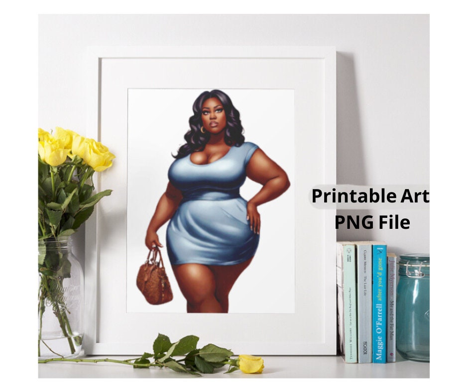 Black Woman Blue Dress Printable Wall Art, Instant Download, Sexy Plus Size Poster, Melanin Wall Art, Diva Wall Art Illustration, Curvy Girl