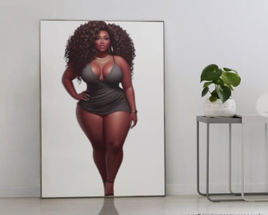 Lingerie Woman Poster | Black Clipart | Printable Wall Art | Instant Download PNG | Female Curvy Body Art | Woman Wearing Sexy Black Dress